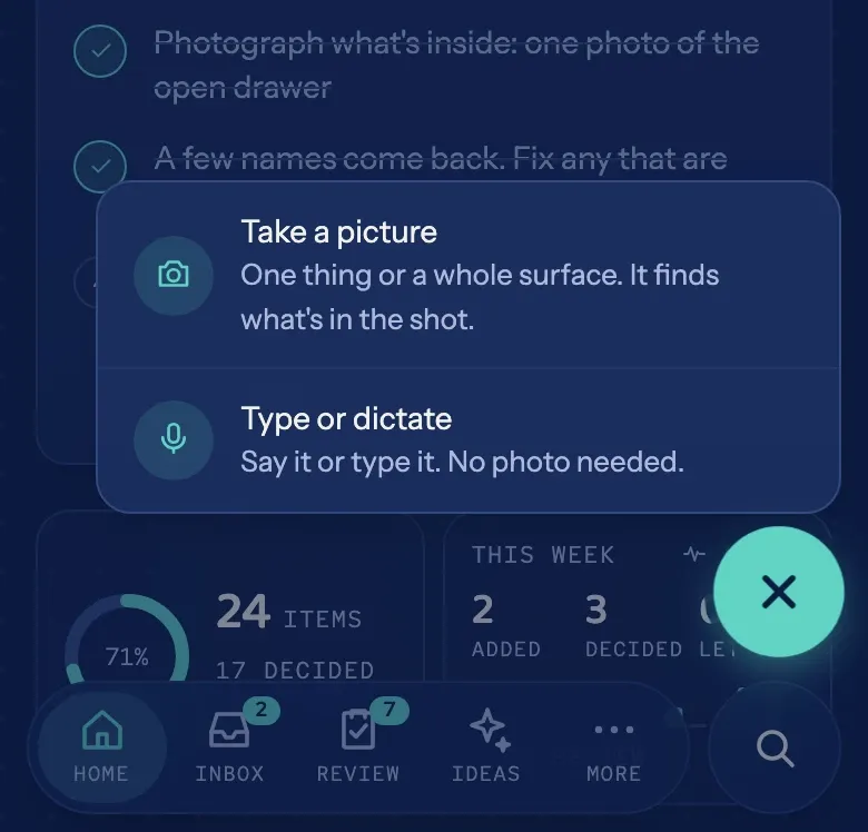 The open capture menu with its two choices: "Take a picture" and "Type or dictate".