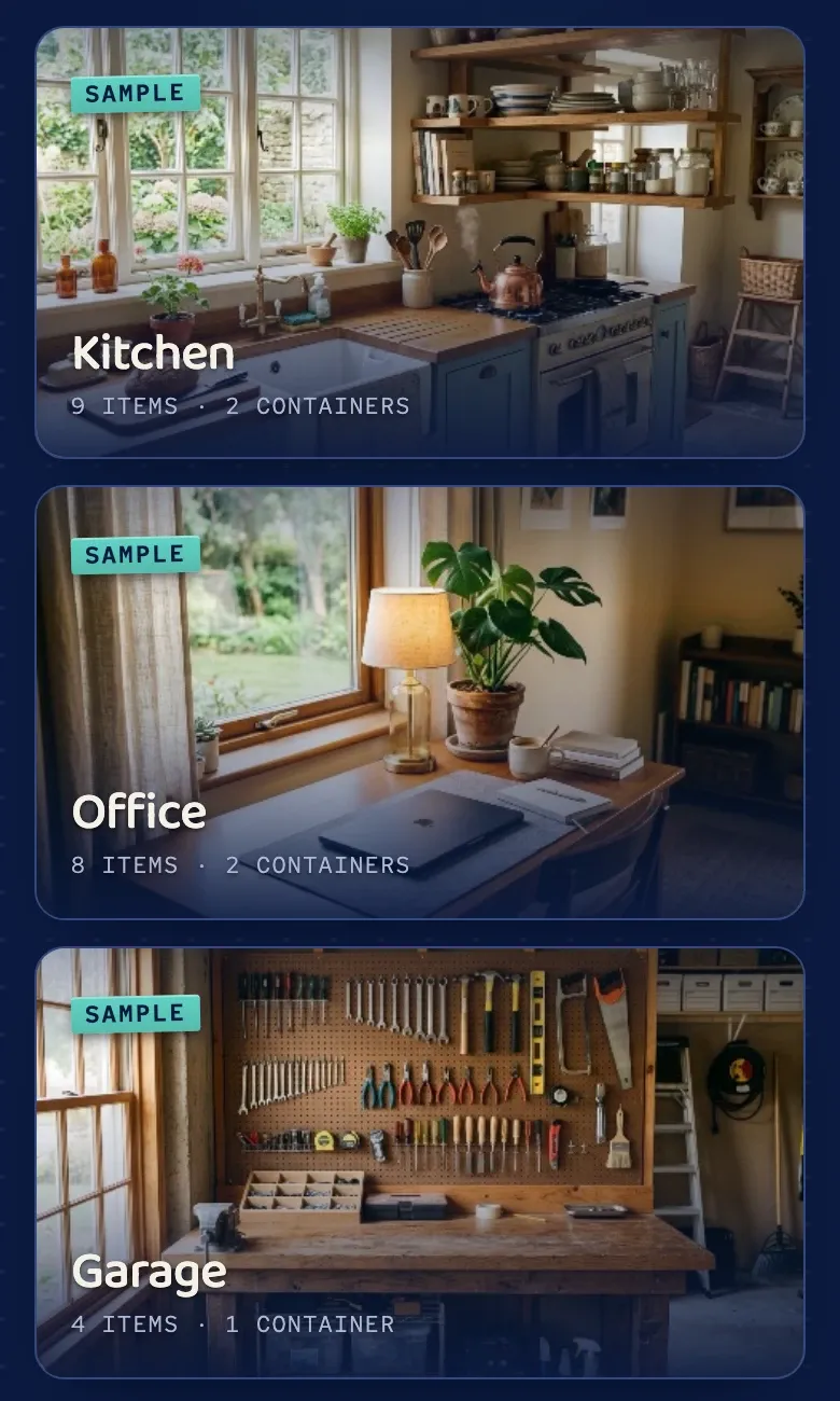 Three sample rooms on Home, each wearing a photo cover and a Sample tape: Kitchen, Office, and Garage.