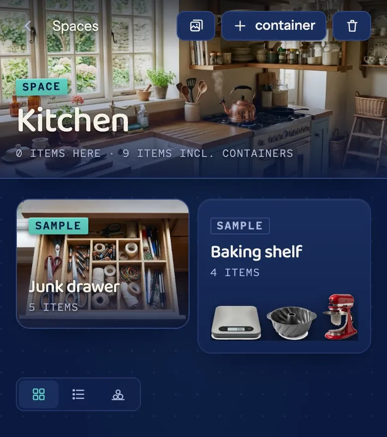 The Kitchen space: a photo cover, two containers inside (Junk drawer and Baking shelf), and an item count that includes everything nested below.