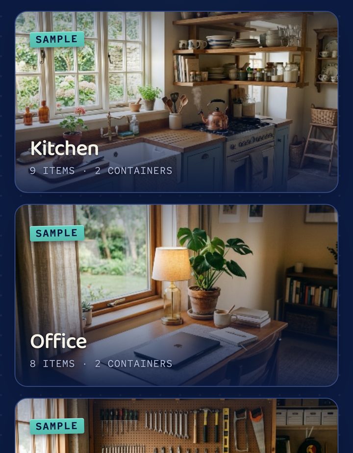 Placeful's places list: photographic cards for Kitchen, Office, and Garage with item and container counts.
